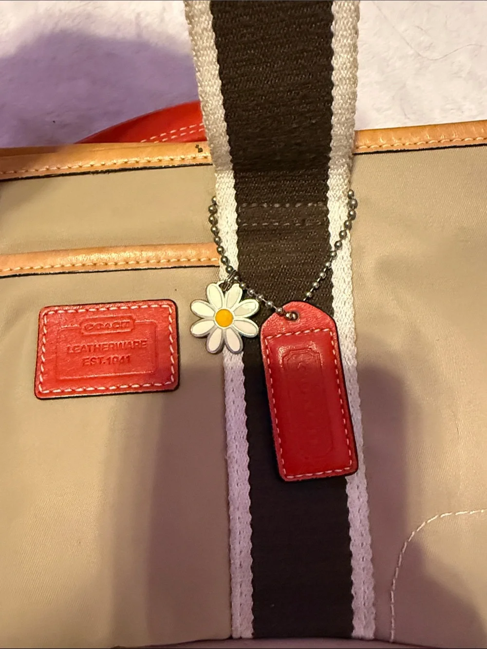 Coach Khaki Tote with Brown Straps and Red Accents